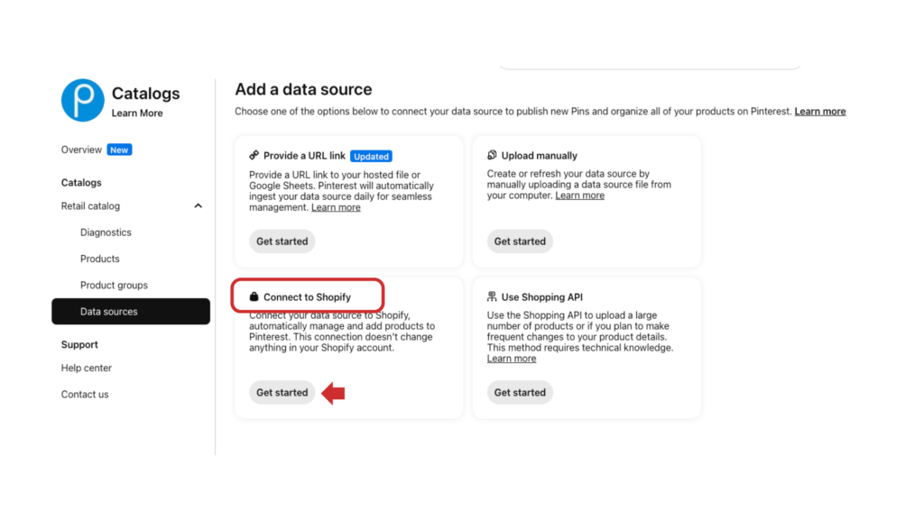 Pinterest Catalogs interface showing options to add a data source, including Shopify, URL link, manual upload, and API integration.
