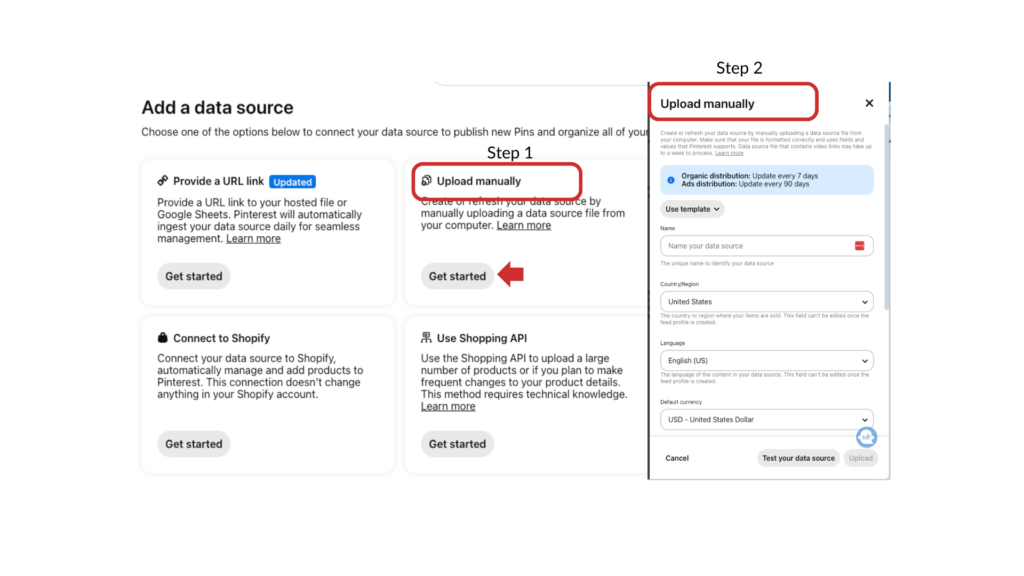 Pinterest Catalog interface showing the steps to upload a data source manually, with fields for country, language, and currency setup.