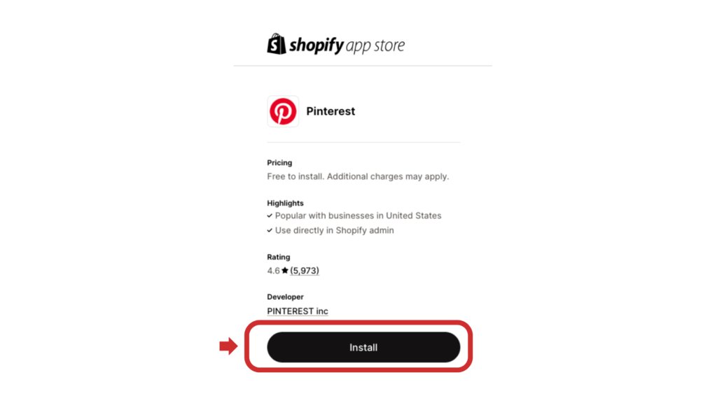 Shopify app store page displaying the Pinterest app with an "Install" button highlighted.