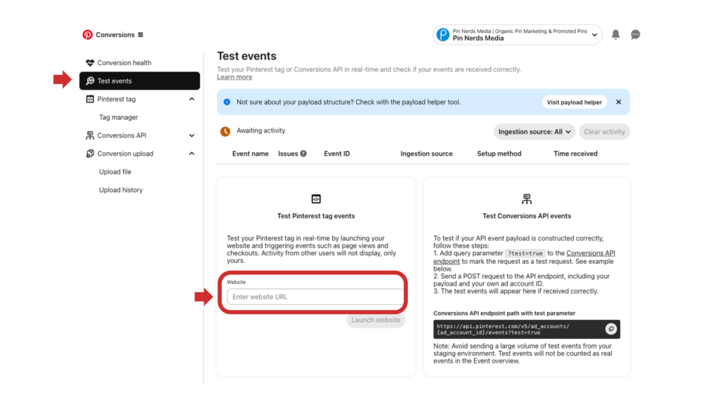 Screenshot of Pinterest's Conversion testing dashboard, highlighting "Test events" for validating Pinterest Tag and Conversions API setup.