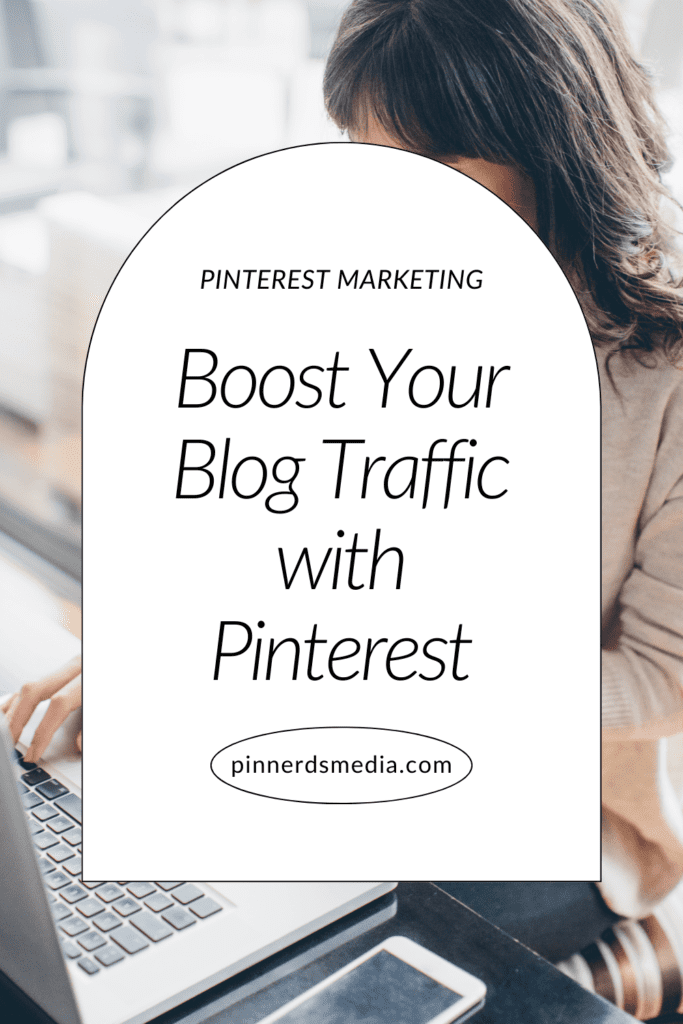 Woman working on a laptop with a promotional text overlay 'Boost Your Blog Traffic with Pinterest'.