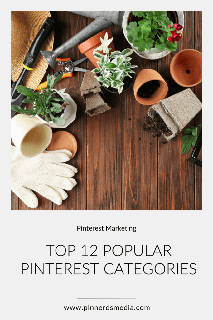 Top view of gardening tools, plants, and pots on a wooden surface, promoting popular Pinterest categories in gardening.