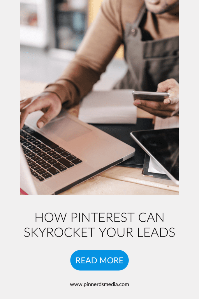 A man in a workshop using a laptop and smartphone simultaneously, with text overlay 'How Pinterest Can Skyrocket Your Leads' and a 'read more' button.