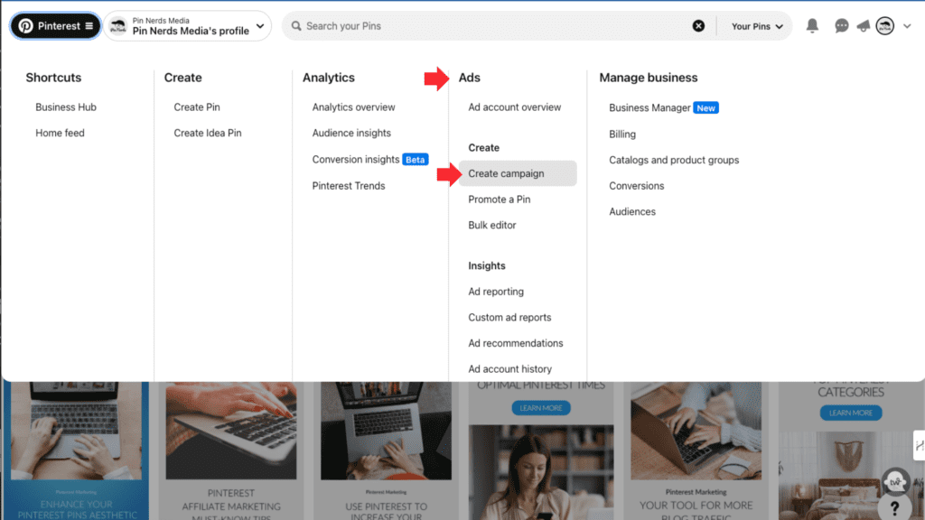 Pinterest business interface for Pin Nerds Media showing options for ads, analytics, and management tools