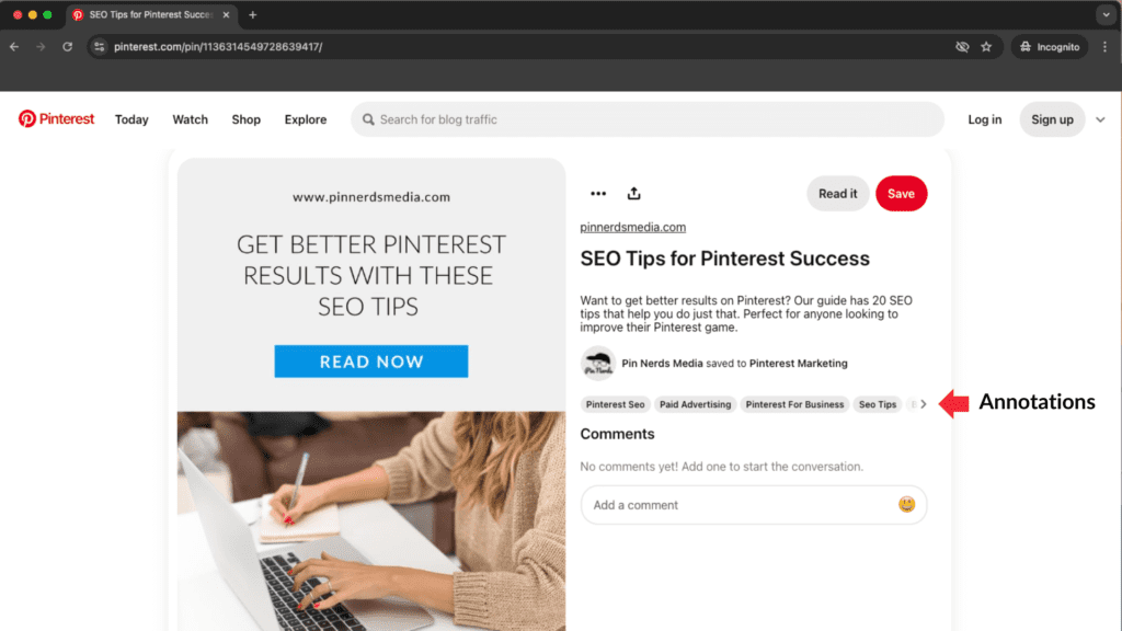 Pinterest page showing a Pin with SEO tips, including options to read more and save the pin.