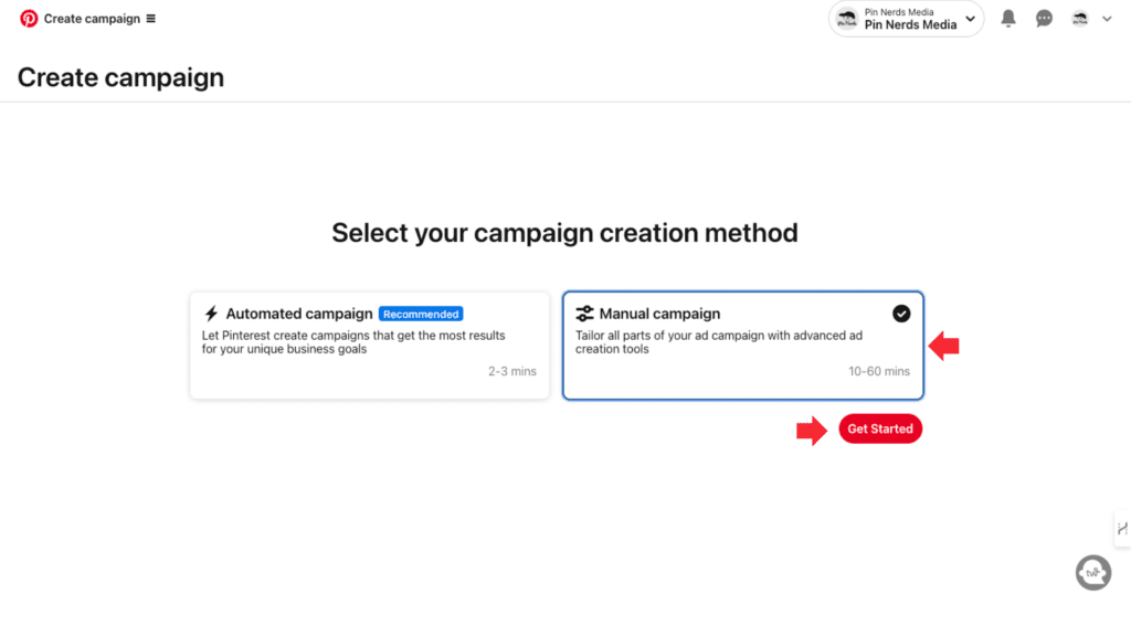 Pinterest 'Create campaign' page with options for 'Automated campaign' and 'Manual campaign' including time estimates.