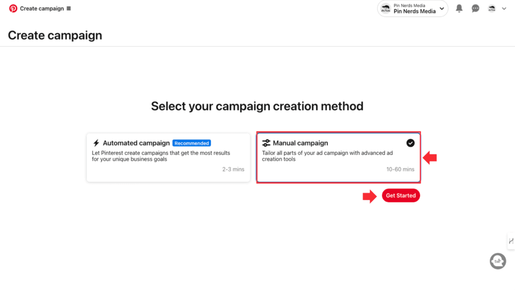 Pinterest campaign creation options: Automated vs Manual.