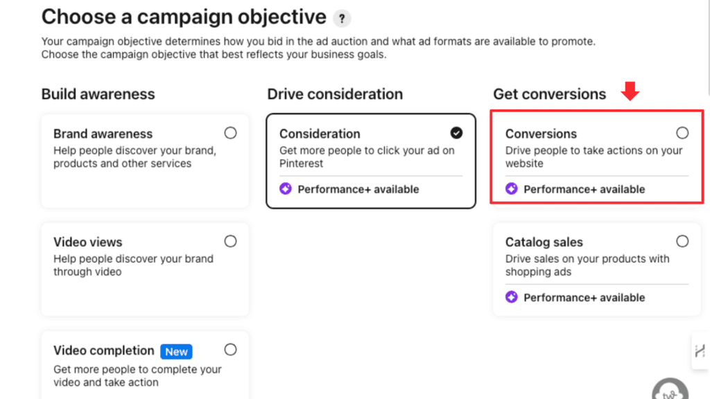 Options for Pinterest campaign objectives focusing on conversions.