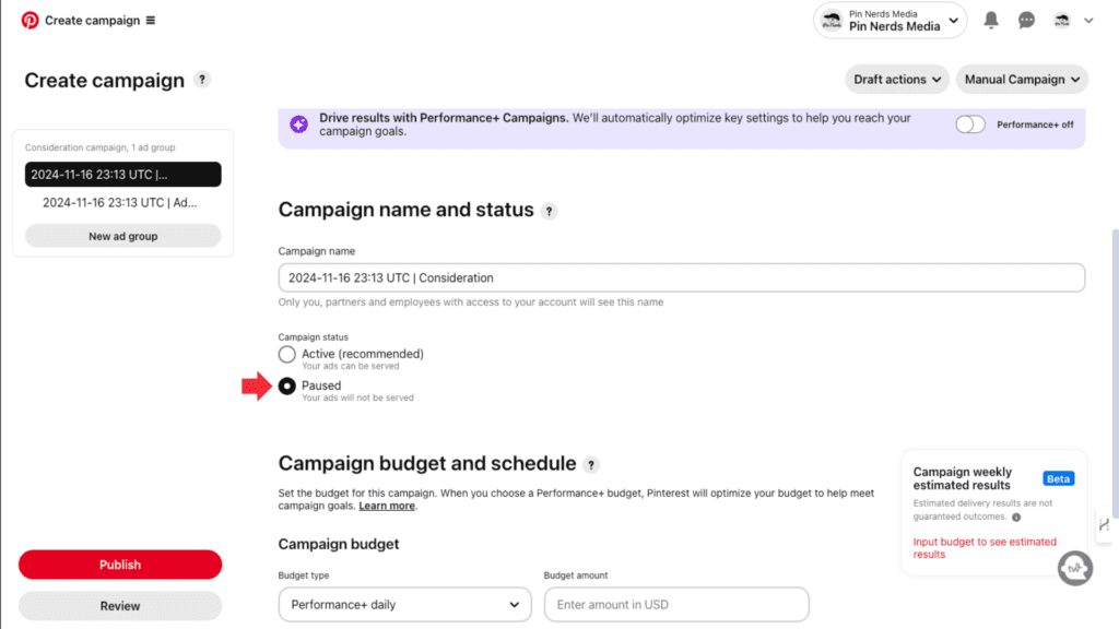 Pinterest campaign setup page with options for naming, status setting, budgeting, and a publish button.