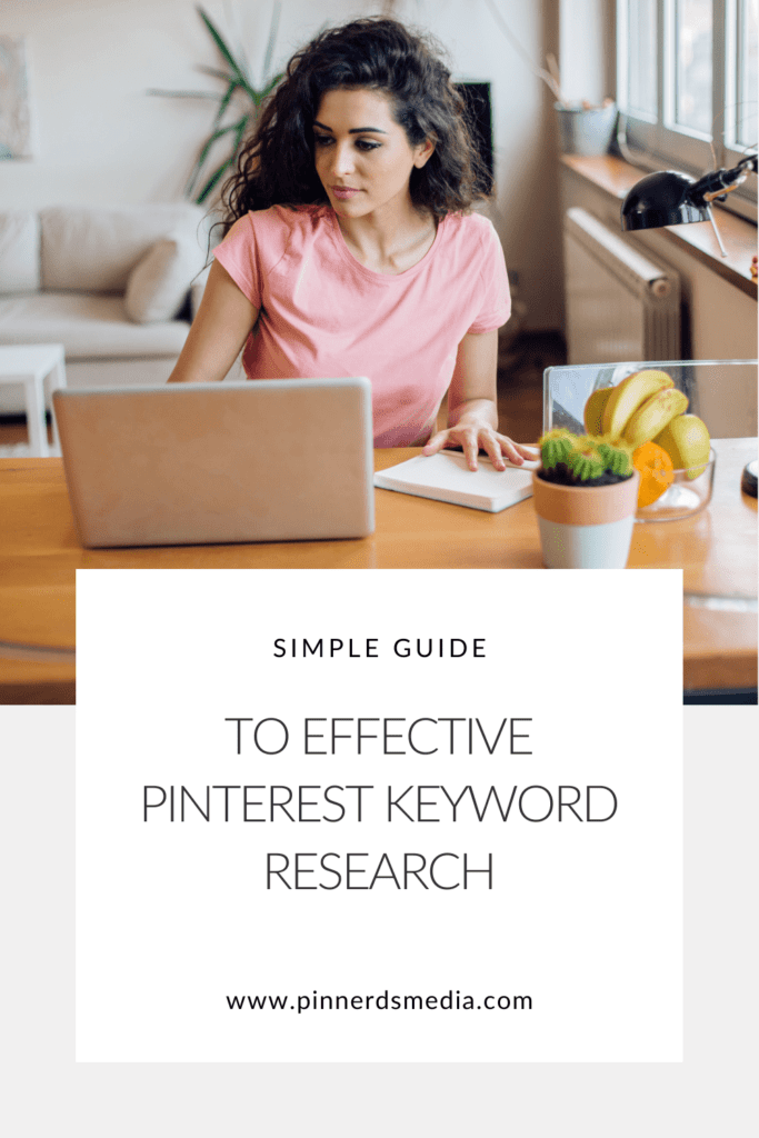 Woman at home office researching Pinterest keywords on a laptop, with a guide title and website link displayed.