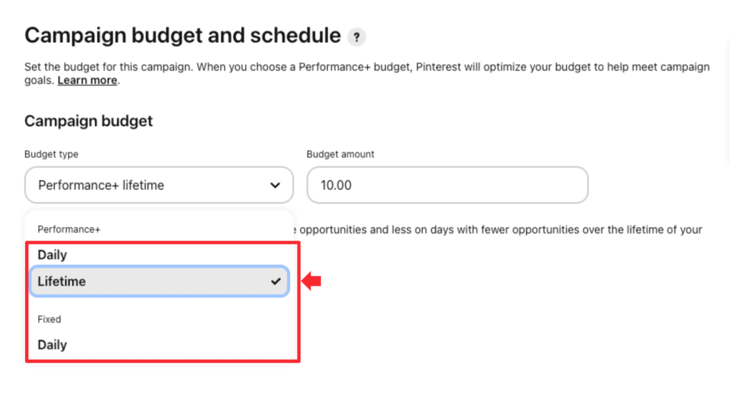 Selecting budget type for a Pinterest ad campaign.