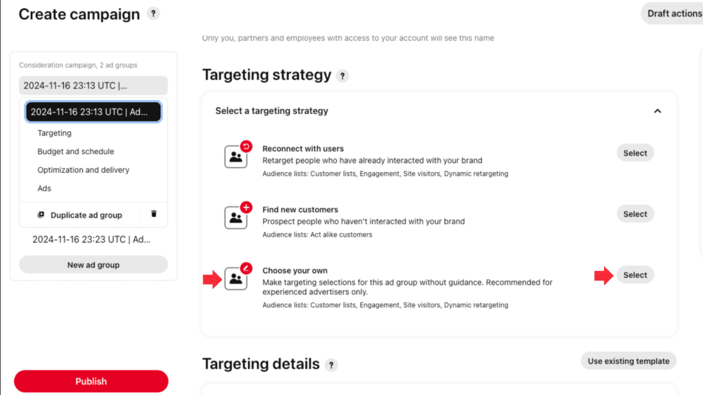 Screen capture of Pinterest's campaign setup page with targeting strategy options including reconnecting with past users and finding new customers.