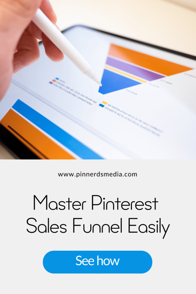 Hand pointing to a tablet displaying a sales funnel chart on Pin Nerds Media's website.