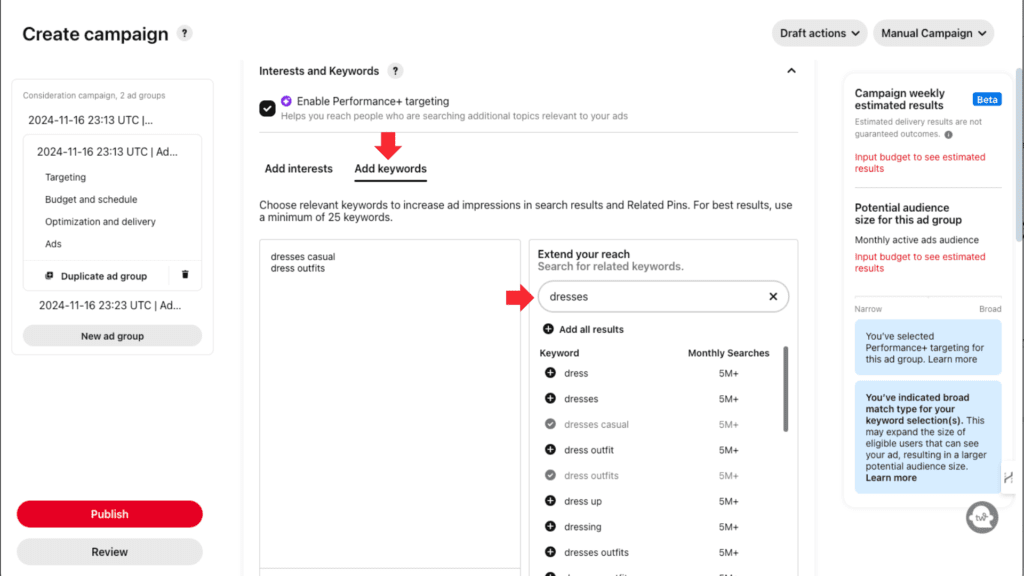 Screenshot showing Pinterest's ad setup with a focus on adding and searching for keywords to refine ad targeting, including 'dresses' and related terms.