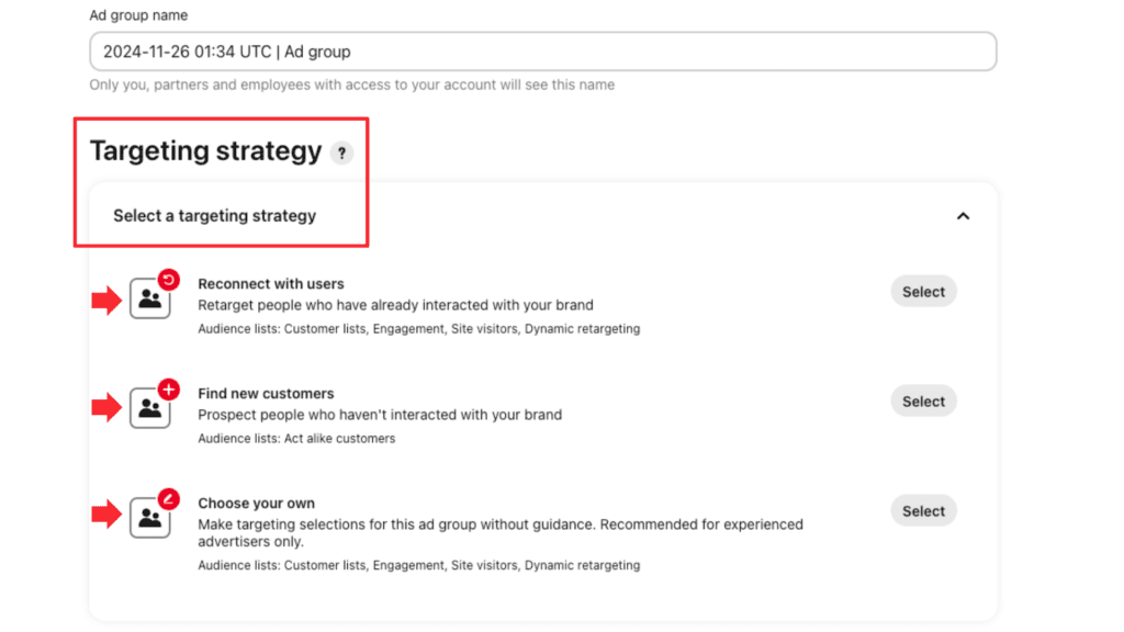 Options for selecting a targeting strategy in a Pinterest ad campaign.