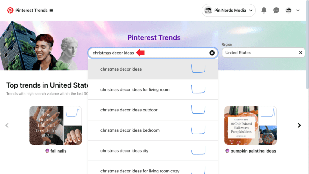 Screenshot of Pinterest Trends page displaying search trends for 'Christmas decor ideas' and variations for different room setups and styles.