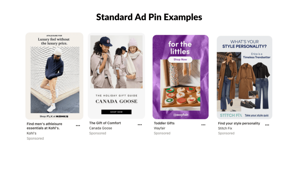 Examples of standard ad pins for various brands on Pinterest.