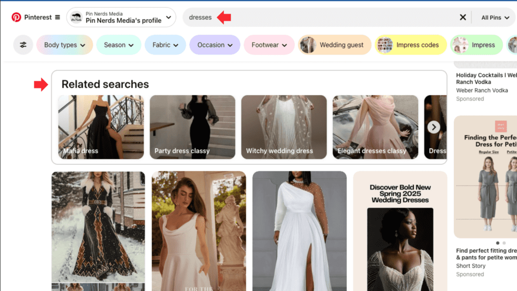 Pinterest search result page for 'dresses' displaying thumbnails of various dress styles such as mafia, party, and witchy wedding dresses under 'Related searches.'