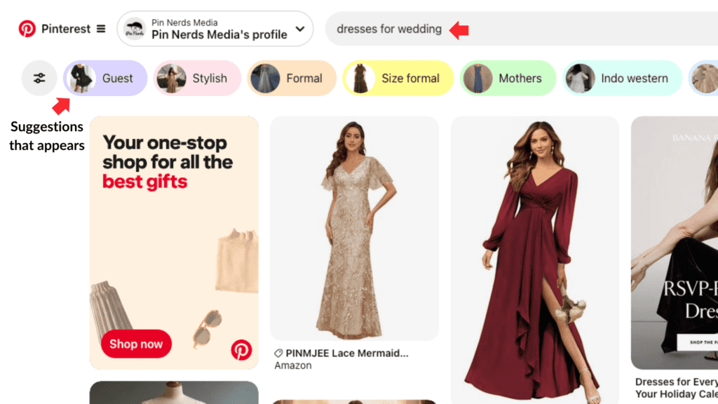 Pinterest search results for wedding dresses displaying a range of styles and suggestion filters.