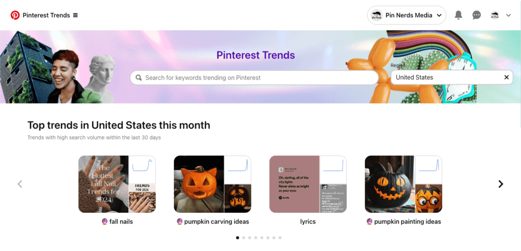 Pinterest Trends page showing top trends in the U.S., including fall nails, pumpkin carving ideas, and lyrics.