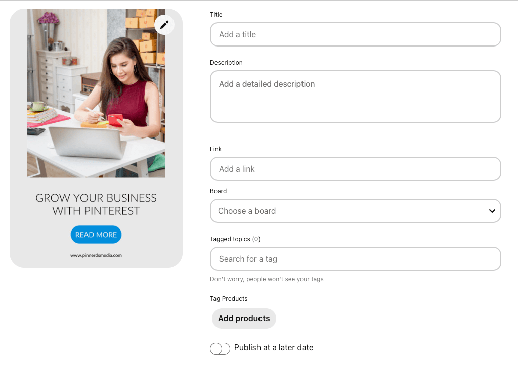 Pinterest pin creation screen showing options to add a title, description, link, board, and tags for a business growth pin.