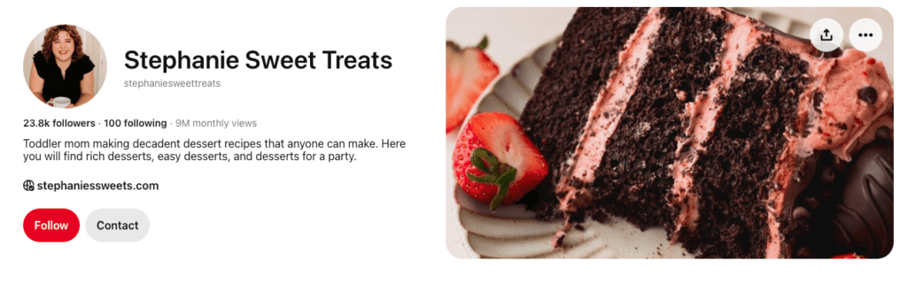Chocolate cake slice with strawberry garnish on a plate, from Stephanie Sweet Treats Pinterest profile.