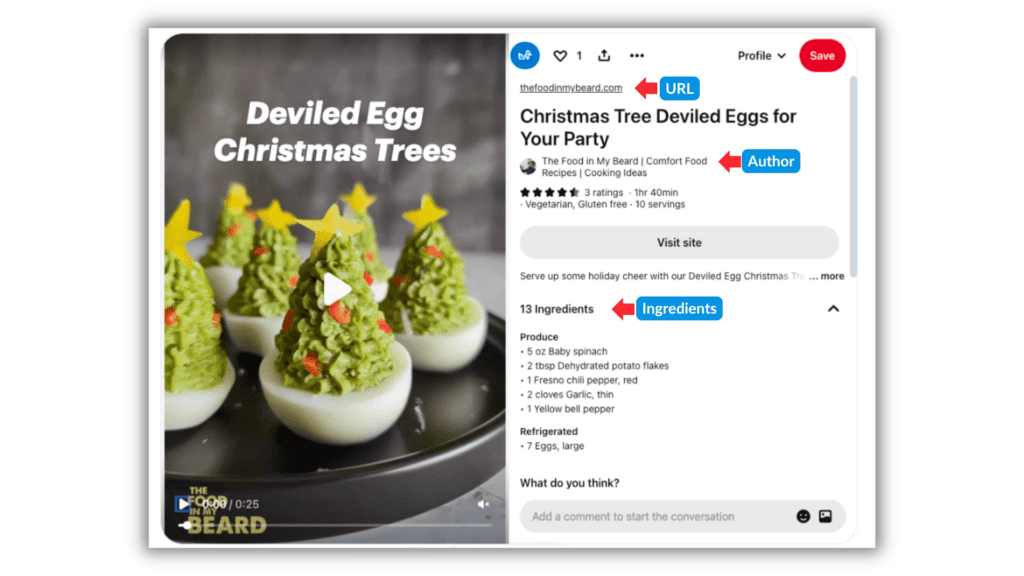 Pinterest pin featuring Deviled Egg Christmas Trees recipe from 'The Food in My Beard' blog.