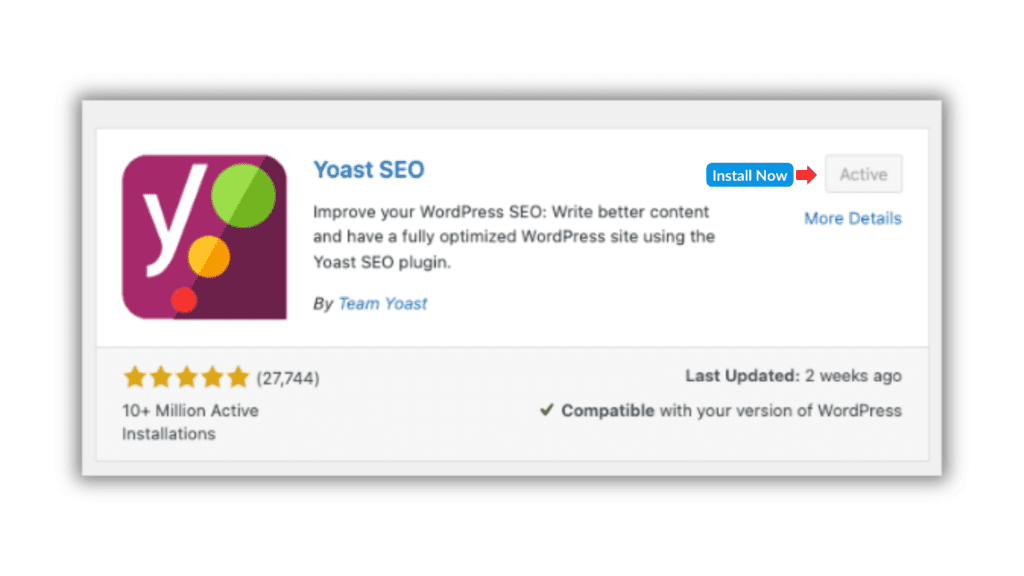 Screenshot of the Yoast SEO plugin on a WordPress site, showcasing features and installation options.