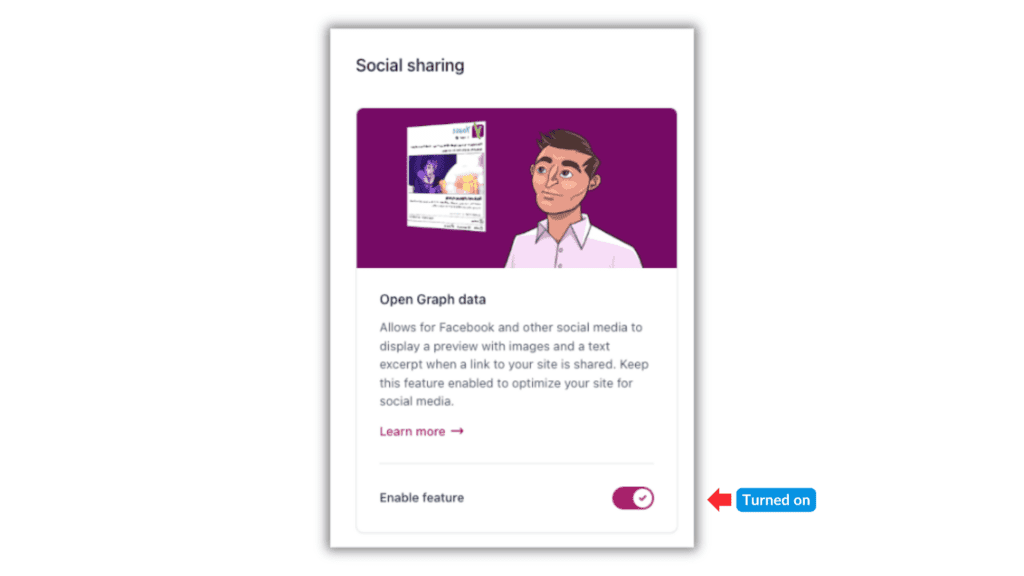 Yoast SEO plugin feature for enabling social sharing with Open Graph data turned on.