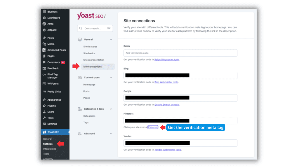 Yoast SEO dashboard showing the Site Connections section for website verification with search engines like Google, Bing, and Pinterest.