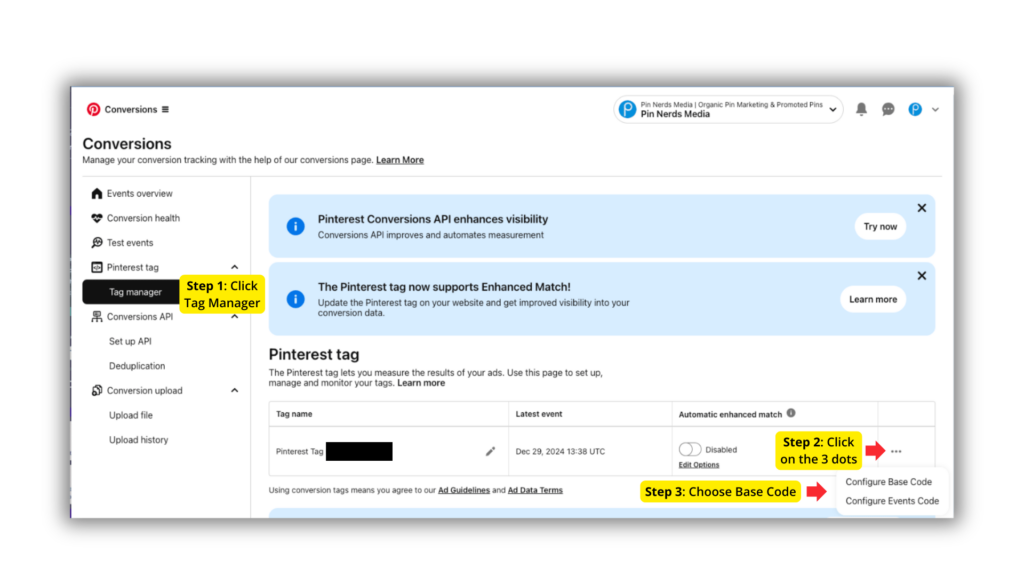 Screenshot of Pinterest's Conversions section with steps to manage the Pinterest tag for tracking ad conversions.