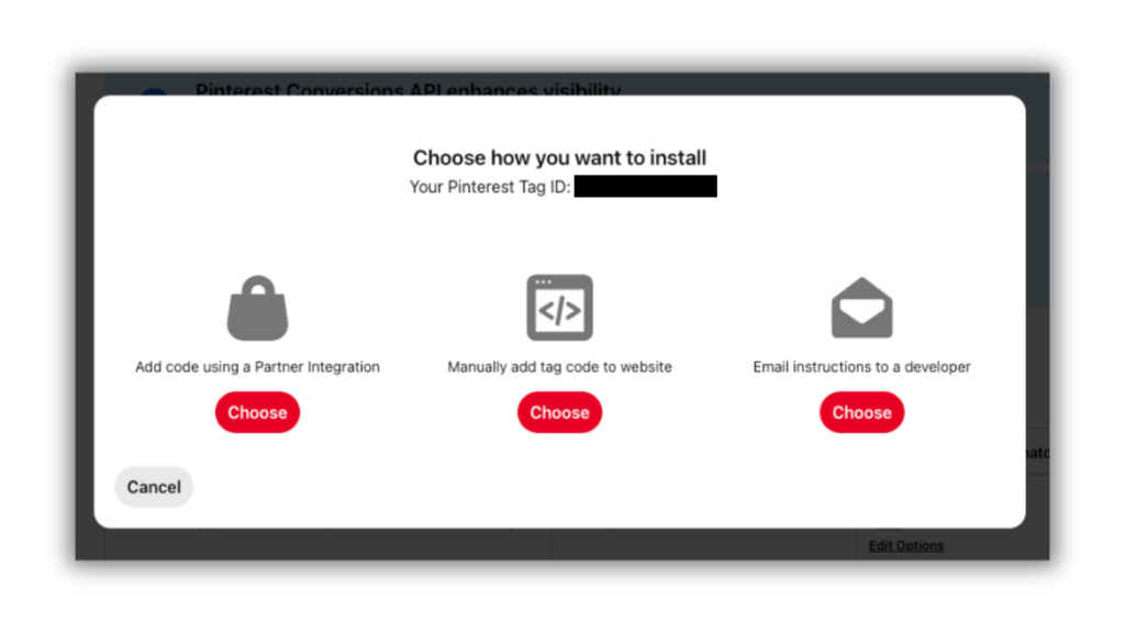 Screenshot showing three installation options for a Pinterest Tag.