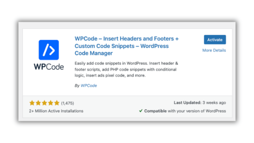 WPCode plugin interface on WordPress with the activate button visible.