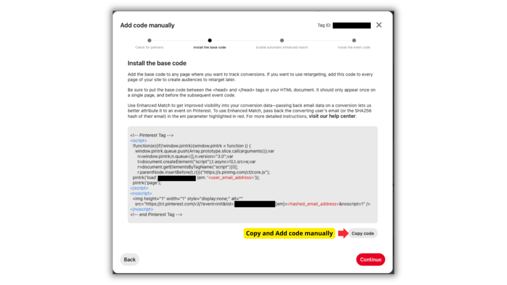 Screenshot of the Pinterest Tag installation interface showing the code and options for manual addition.