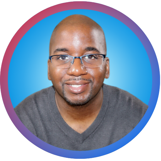 A professional headshot of a smiling man wearing glasses and a dark sweater, with a vibrant circular blue background accented by a red-to-blue gradient border.