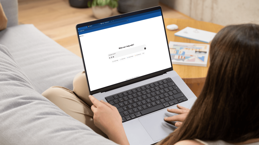 Woman using a laptop with a chatbot interface, highlighting how people use multiple platforms like ChatGPT, Pinterest, Google, and social media to gather information.