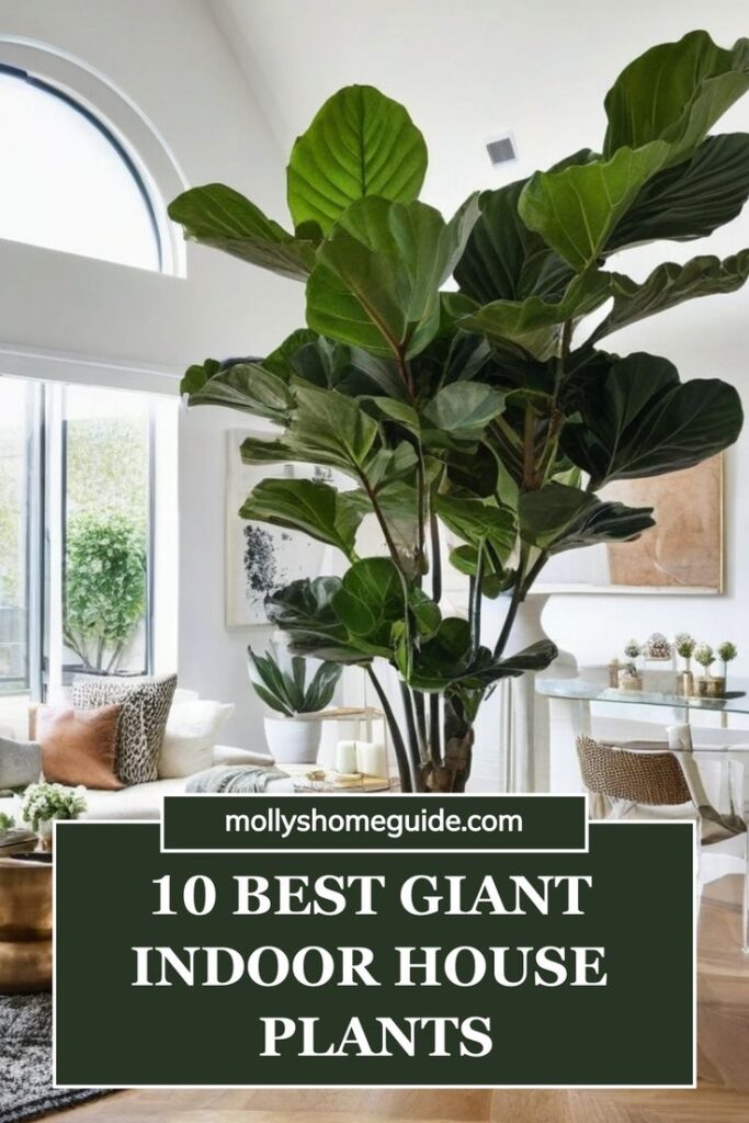 A bright living room with a large fiddle-leaf fig plant in the corner, surrounded by cozy furniture and natural decor elements.