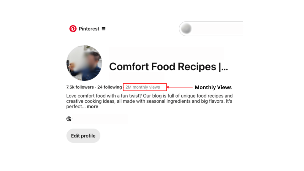 Pinterest profile showing a comfort food recipe account with over 2 million monthly views before a significant drop