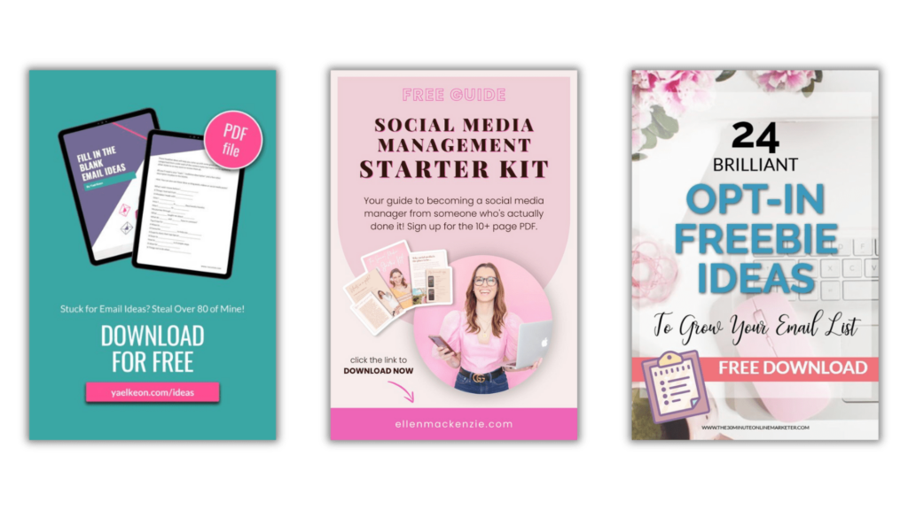 Three digital opt-in freebie promotions showcasing lead magnets, including email ideas, a social media management starter kit, and opt-in freebie ideas.