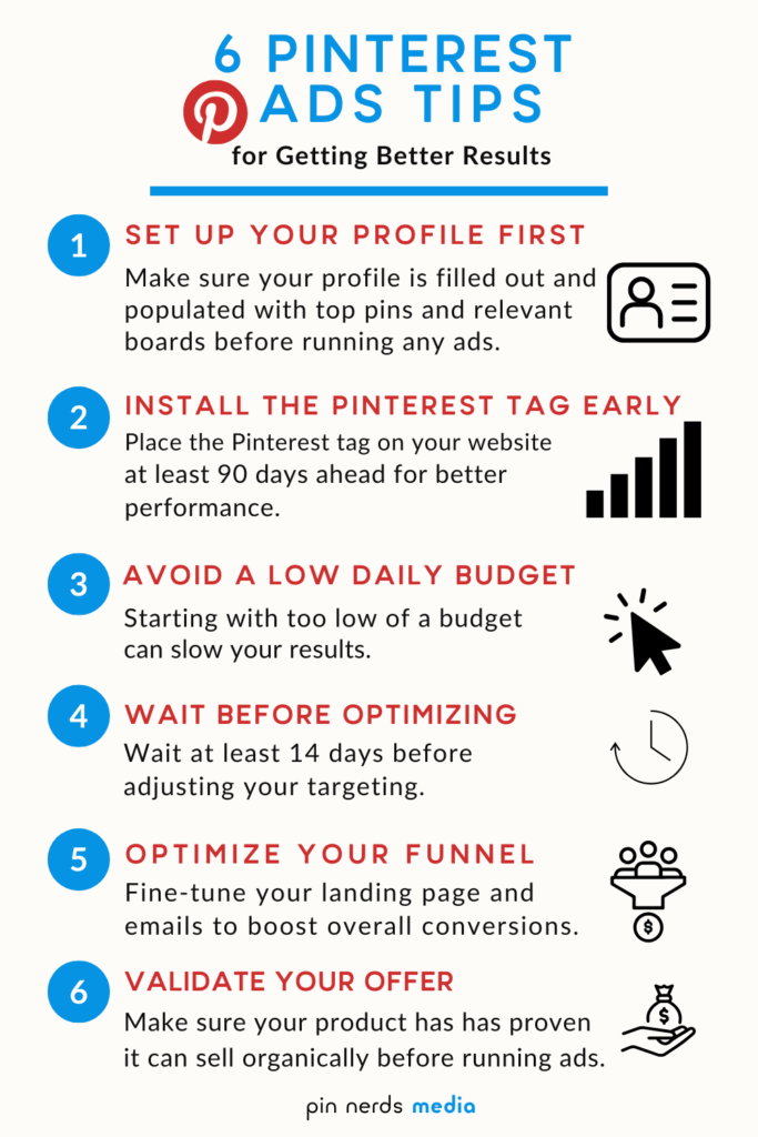 Infographic with 6 Pinterest ads tips for beginners, including setup, budget, optimization, and funnel strategy in a clean red and blue design.