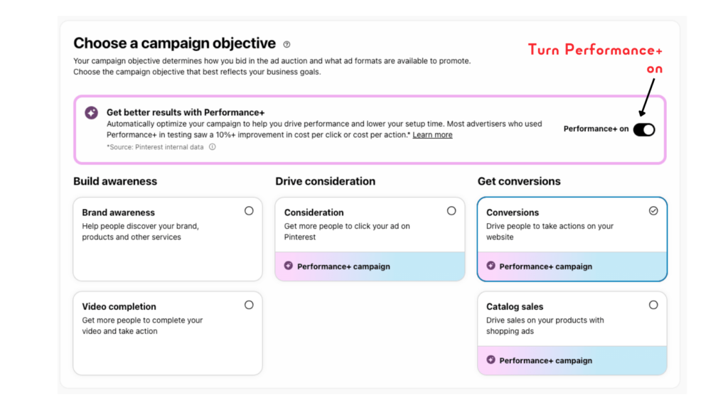 Screenshot of Pinterest Ads campaign setup showing how to turn on Performance+ and choose objectives like consideration or conversions.